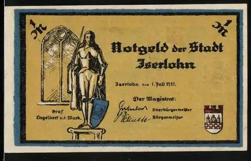 Notgeld Iserlohn 1921, 1 Mark, Graf Engelbert v. d. Mark mit Wappen, Schüttenspiel