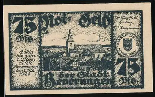 Notgeld Beverungen 1921, 75 Pfennig, Stadtansicht, Mann beim Barbier