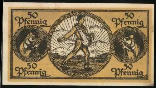 Notgeld Erbach im Odenwald 1918, 50 Pfennig, Bauer beim Sähen, Hamster an der Ähre