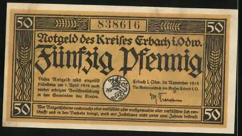 Notgeld Erbach im Odenwald 1918, 50 Pfennig, Bauer beim Sähen, Hamster an der Ähre