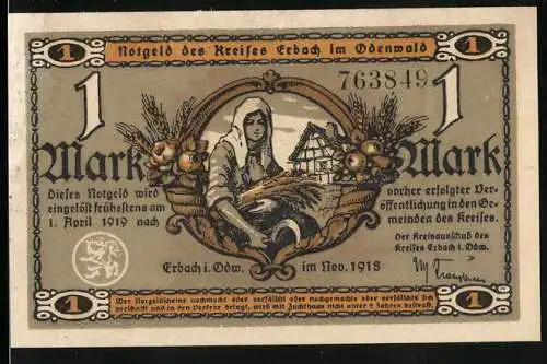 Notgeld Erbach i. Odw. 1918, 1 Mark, Bäuerin bei der Ernte, Wassermühle