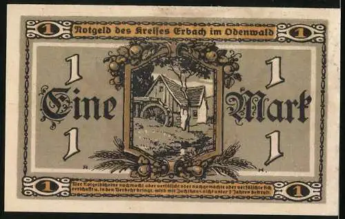 Notgeld Erbach i. Odw. 1918, 1 Mark, Bäuerin bei der Ernte, Wassermühle