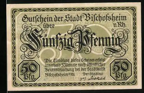 Notgeld Bischofsheim a. Rh., 50 Pfennig, Ortsansicht mit Wappen