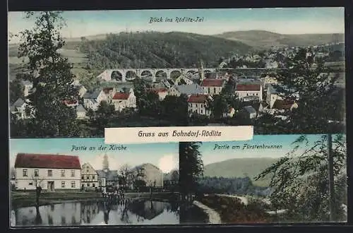 AK Rödlitz, Blick ins Rödlitz-Tal, Partie an der Kirche, Partie am Fürstenbrunnen