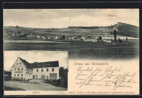 AK Hermsdorf / Dippoldiswalde, Gasthof, Ortsansicht mit Blick ins Land