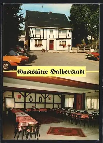 AK Brün / Wenden, Gaststätte Halberstadt, Mathiasstrasse 10, Aussen- und Innenansicht
