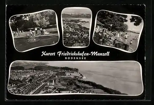 AK Friedrichshafen-Manzell, Ortsansicht aus der Vogelschau, Strand und Minigolf