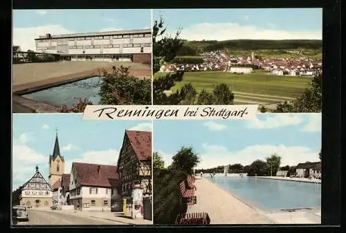 AK Renningen bei Stuttgart, Gebäudeansicht, Strassenpartie mit Kirche, Schwimmbad