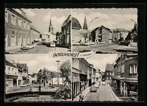 AK Borghorst i. Westf., Münsterstrasse mit Geschäft, Auf dem Schilde, Burgsteinfurter Strasse