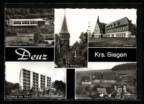 AK Deuz /Krs. Siegen, Haus am Park, Katholische Kirche, Schule