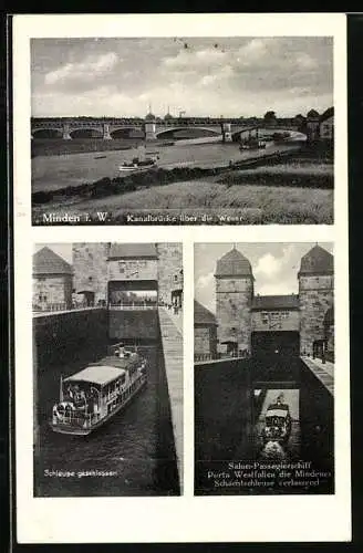 AK Minden i. W., Kanalbrücke über die Weser, Salon-Passagierschiff Porta Westfalica, Schachtschleuse