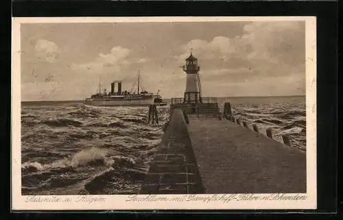 AK Sassnitz, Leuchtturm mit Dampfschiff-Fähre nach Schweden