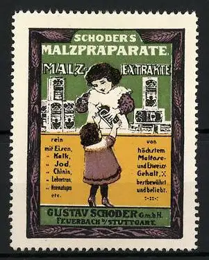 Reklamemarke Schoder's Malzpräparate, Gustav Schoder GmbH, Feuerbach / Stuttgart, Mädchen bekommt einen Löffel Malz