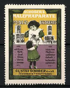 Reklamemarke Schoder's Malzpräparate, Gustav Schoder GmbH, Feuerbach / Stuttgart, Mädchen bekommt einen Löffel Malz