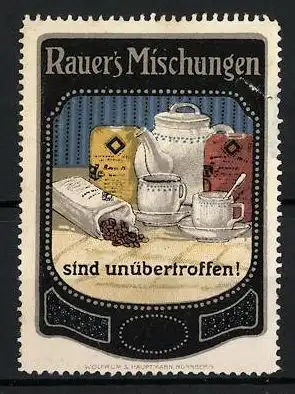 Reklamemarke Rauer's Kaffee ist unübertroffen!, Kaffeebohnen fallen auf den Tisch