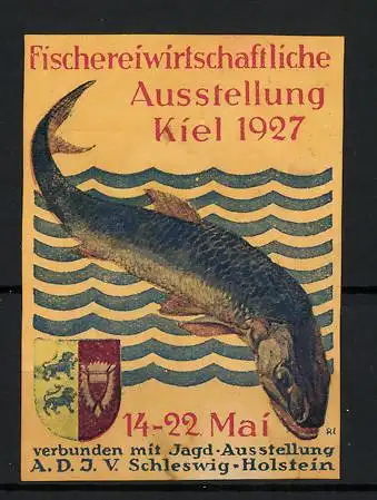 Reklamemarke Kiel, Fischereiwirtschaftliche Ausstellung 1927, Fisch und Wappen