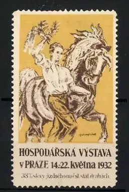 Reklamemarke Prag-Prague, Hospodarska Vystava 1932, Bauer mit Pferd