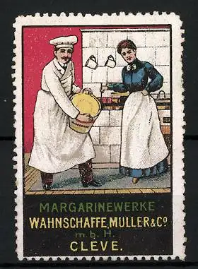 Reklamemarke Margarinewerke Wahnschaffe, Müller & Co., Cleve, Bäcker und Hausfrau am Herd