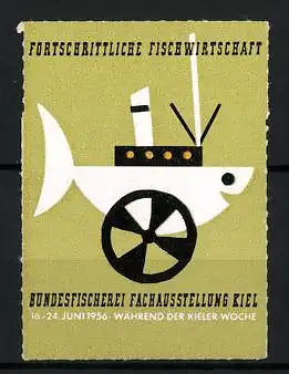 Reklamemarke Kiel, Bundesfischerei-Fachausstellung 1956, Messelogo Fisch als Schiff auf Rädern