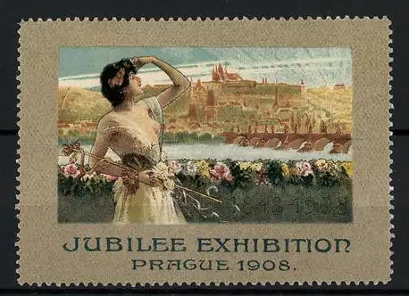 Reklamemarke Prague, Jubilee Exhibition 1908, Fräulein blickt auf einen Ort