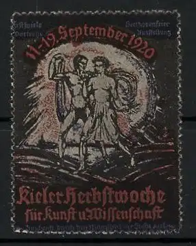 Reklamemarke Kiel, Herbstwoche f. Kunst u. Wissenschaft 1920, nackte Männer mit Drachen