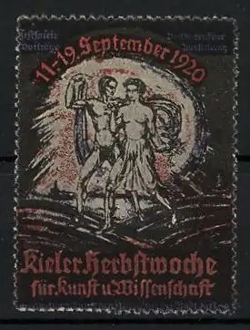 Reklamemarke Kiel, Herbstwoche f. Kunst u. Wissenschaft 1920, nackte Männer mit Drachen