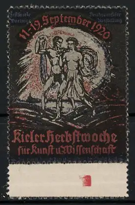 Reklamemarke Kiel, Herbstwoche f. Kunst u. Wissenschaft 1920, nackte Männer mit Drachen