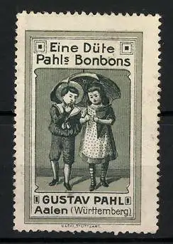 Reklamemarke Pahl's Bonbons, Fabrikant Gustav Pahl, Aalen, Kinderpaar mit Bonbons