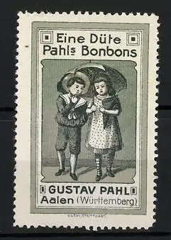 Reklamemarke Pahl's Bonbons, Fabrikant Gustav Pahl, Aalen, Kinderpaar mit Bonbons