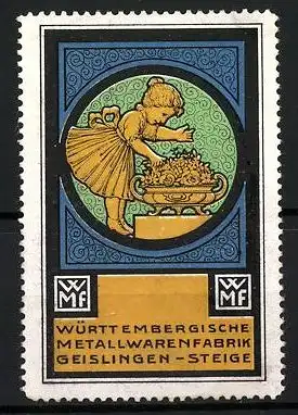 Reklamemarke Württembergische Metallwarenfabrik WMF Geislingen a. d. Steige, Mädchen an einer Blumenschale