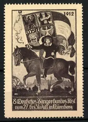 Reklamemarke Nürnberg, 8. Deutsches Sängerbundes-Fest 1912, Knappe mit Flagge zu Pferd