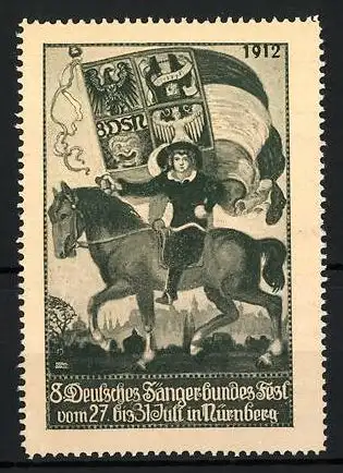 Reklamemarke Nürnberg, 8. Deutsches Sängerbundes-Fest 1912, Knappe mit Flagge zu Pferd