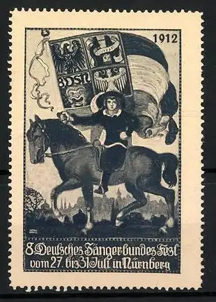 Reklamemarke Nürnberg, 8. Deutsches Sängerbundes-Fest 1912, Knappe mit Flagge zu Pferd