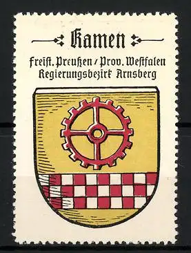 Reklamemarke Kamen, Freistaat Preussen, Prov. Westfalen, Regierungsbezirk Arnsberg, Wappen