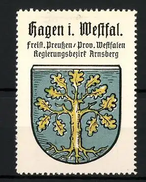 Reklamemarke Hagen i. Westfal., Freistaat Preussen, Prov. Westfalen, Regierungsbezirk Arnsberg, Wappen