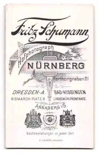 Fotografie Fritz Schumann, Nürnberg, Lauferthorgraben 21, königliche Wappen und Anschriften der Ateliers