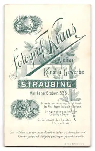 Fotografie Kraus, Straubing, Mittlerer Graben 535, Medaillen und Anschrift des Ateliers