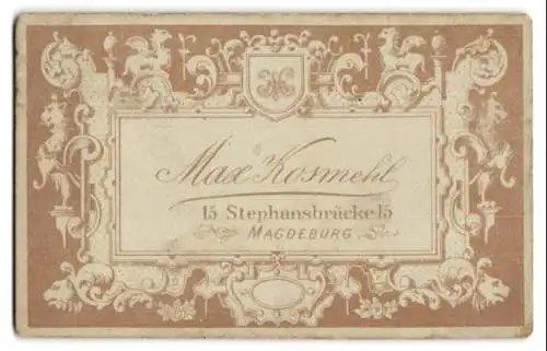 Fotografie Max Kosmehl, Magdeburg, Stehansbrücke 15, Monogramm des Fotografen, Anschrift des Ateliers im Passepartout