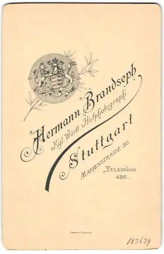 Fotografie Hermann Brandseph, Stuttgart, Marienstr. 36, königliche Wappen Württemberg über Anschrift des Ateliers