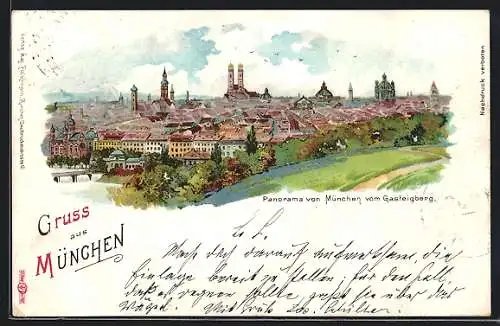 Lithographie München, Panorama von München vom Gasteinberg