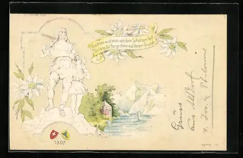 Präge-Lithographie Wilhelm Tell mit Sohn, Tell-Häuschen, Wappen