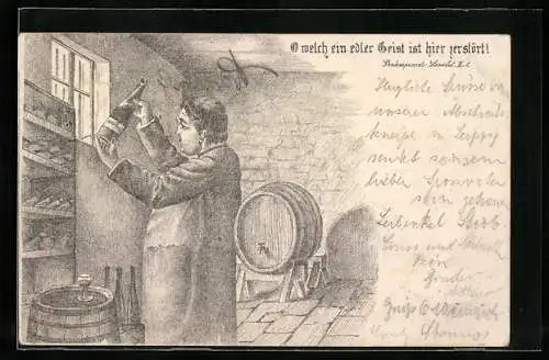 Lithographie Weinanbauer im Keller beim Prüfen einer Flasche