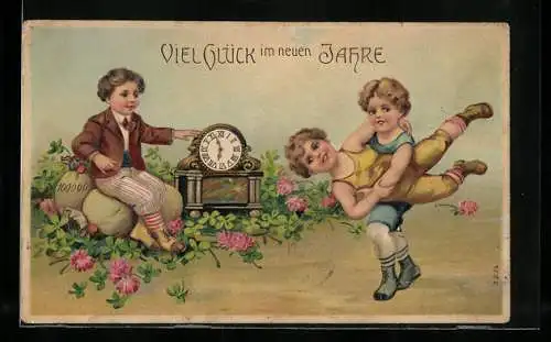 Lithographie Kleine Ringkämpfer, Knabe mit Geldsäcken und Uhr, Neujahrsgruss