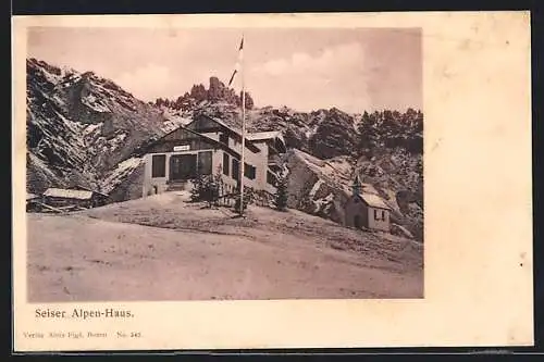 AK Seiser Alpen-Haus, Ortspartie mit Berghütte