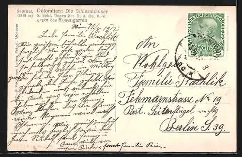 AK Schlernhäuser in den Dolomiten, Ansicht gegen den Rosengarten