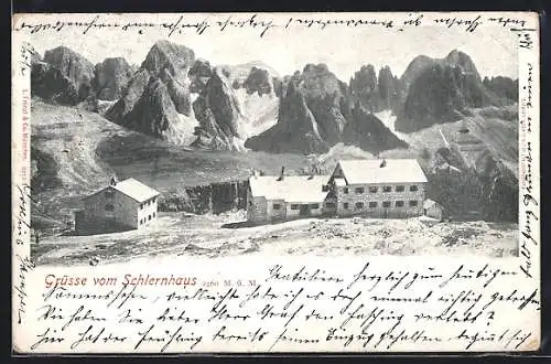 AK Schlernhaus, Blick auf die Berghütte mit dem Rosengarten