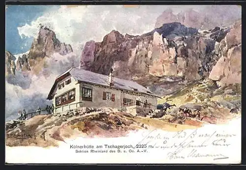 Künstler-AK Edward Theodore Compton: Kölnerhütte, Berghütte am Tschagerjoch, Sektion Rheinland des D. u. Oe. A.-V.