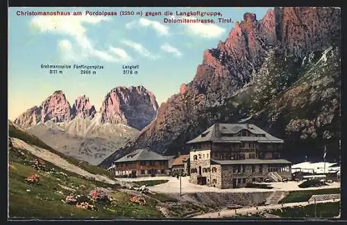 AK Christomanoshaus /Podoipasss, Berghütte gegen Langkofelgruppe