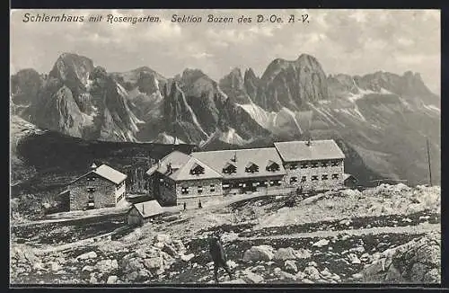 AK Schlernhaus, Berghütte mit Rosengarten aus der Vogelschau