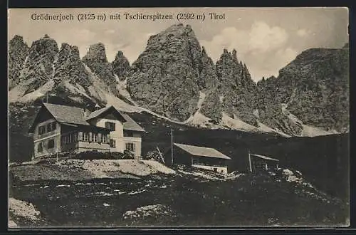 AK Grödner Joch-Hütte, Berghütte mit Tschierspitzen